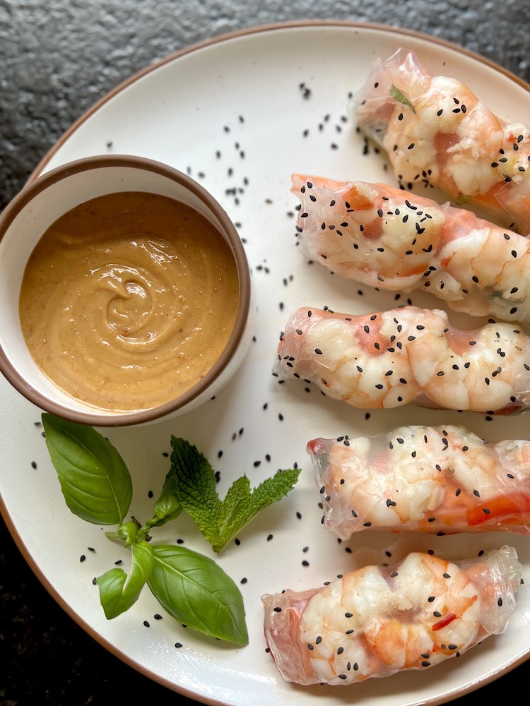Shrimp Spring Rolls Vietnamese Style on a plate with Peanut Dipping Sauce