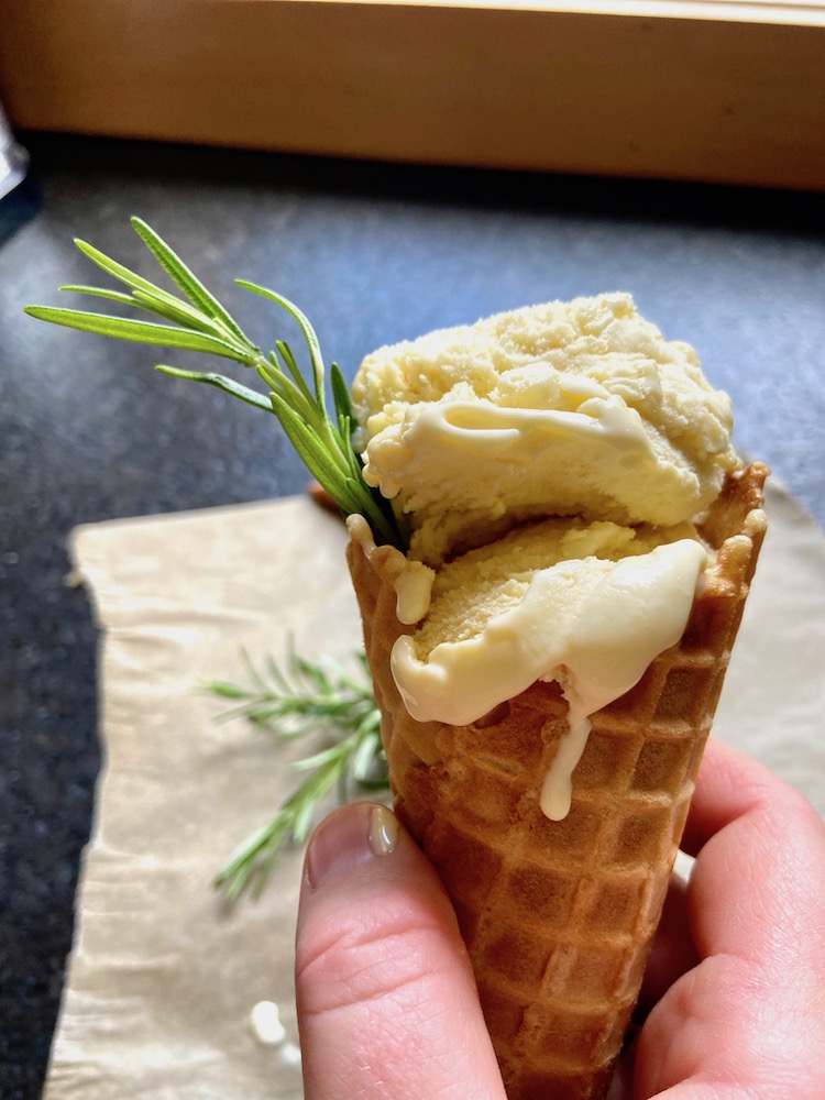 Rosemary Honey Ice Cream in an ice cream cone