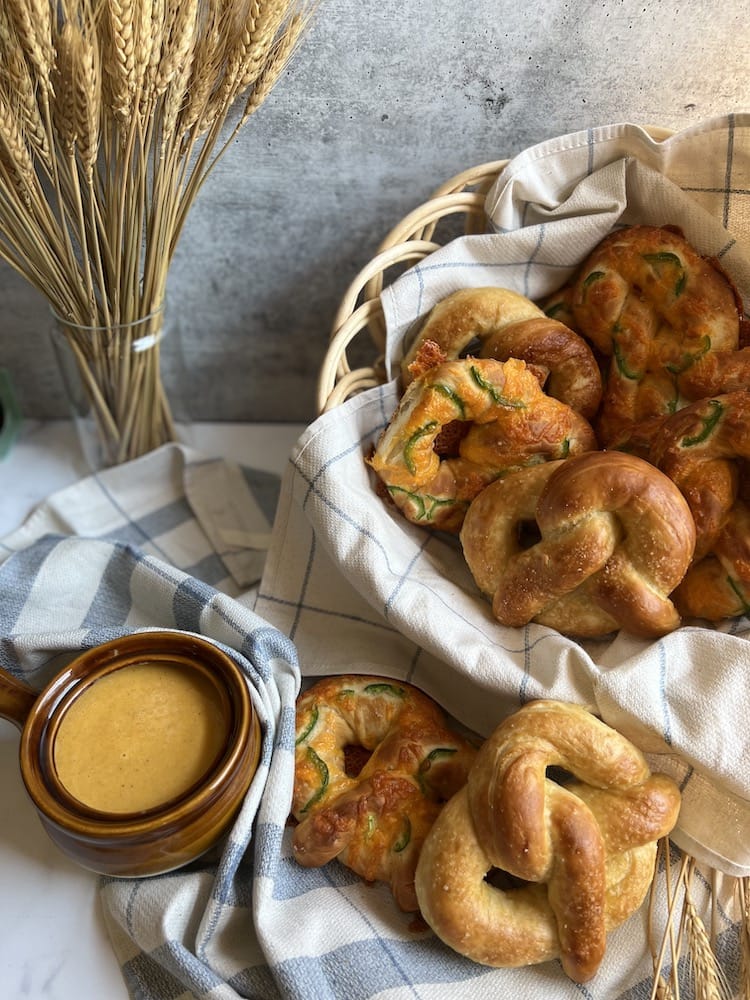 Bavarian Soft Pretzels with Beer Cheese ready to be eaten