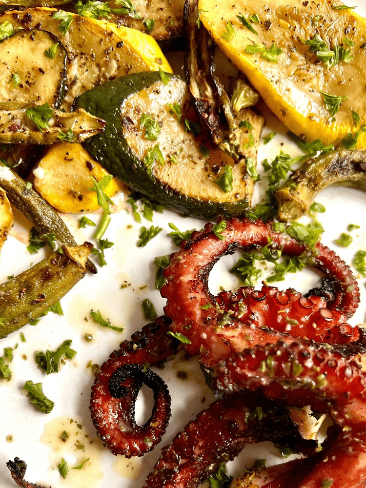 Grilled Octopus with squash and okra