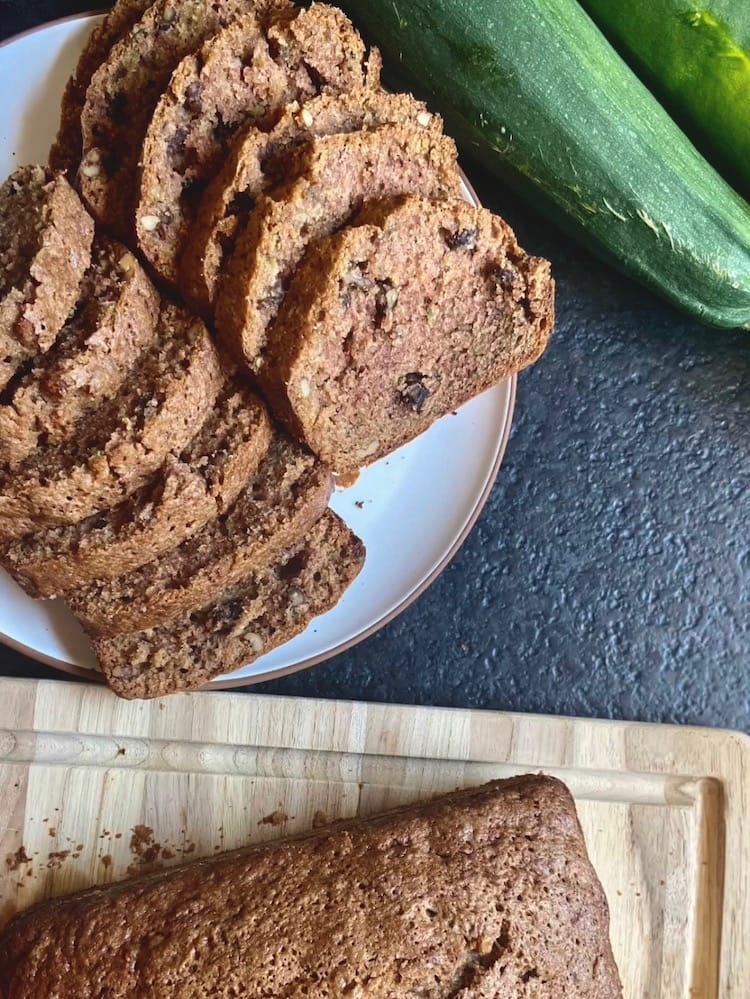 Zucchini Nut Bread sliced on a plate