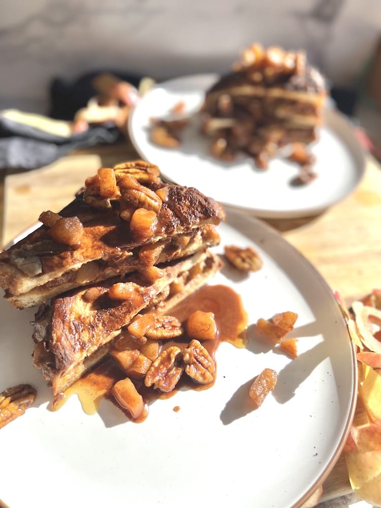 Apple bourbon stuffed french toast lit by the morning light