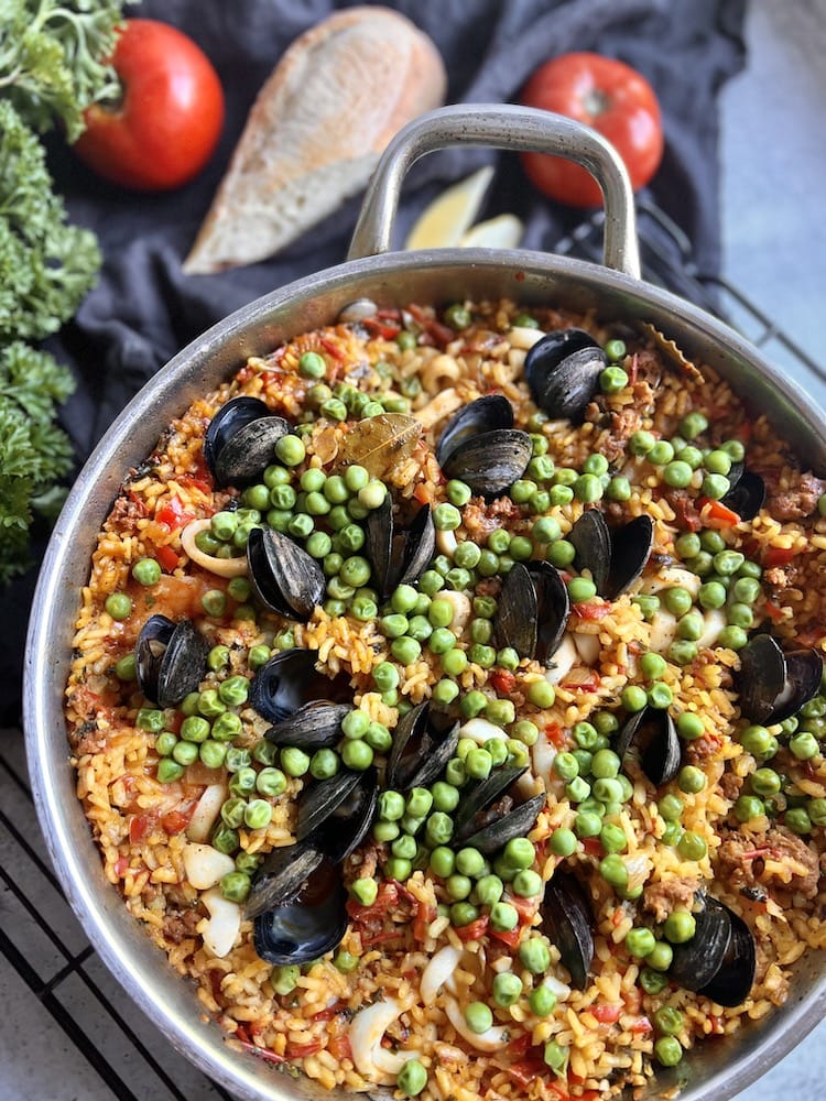 Seafood Paella with Chorizo in a pan