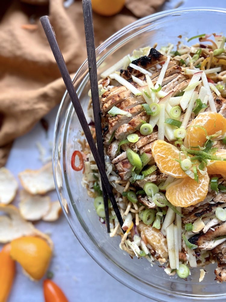 Crunchy Asian Chopped Salad in a large serving dish with chopsticks