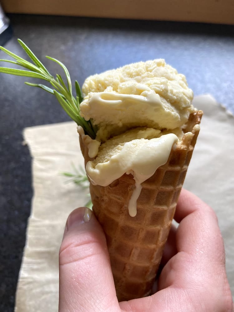 Honey Rosemary Ice Cream in a waffle cone
