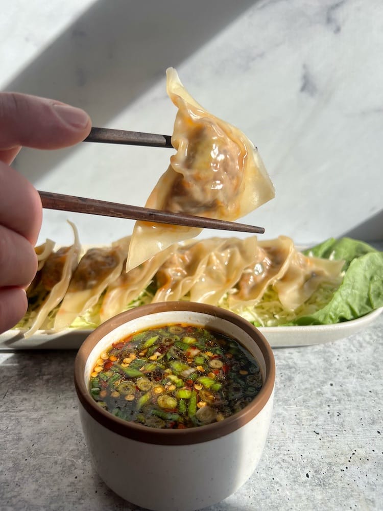 Pork Gyoza (Steamed Dumplings) in a plate with one dumpling held by chopsticks above a ramekin of Gyoza dipping sauce