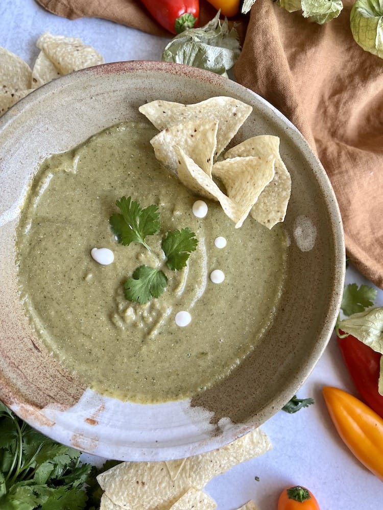 Smoked Salsa Verde in a bowl with tortilla chips