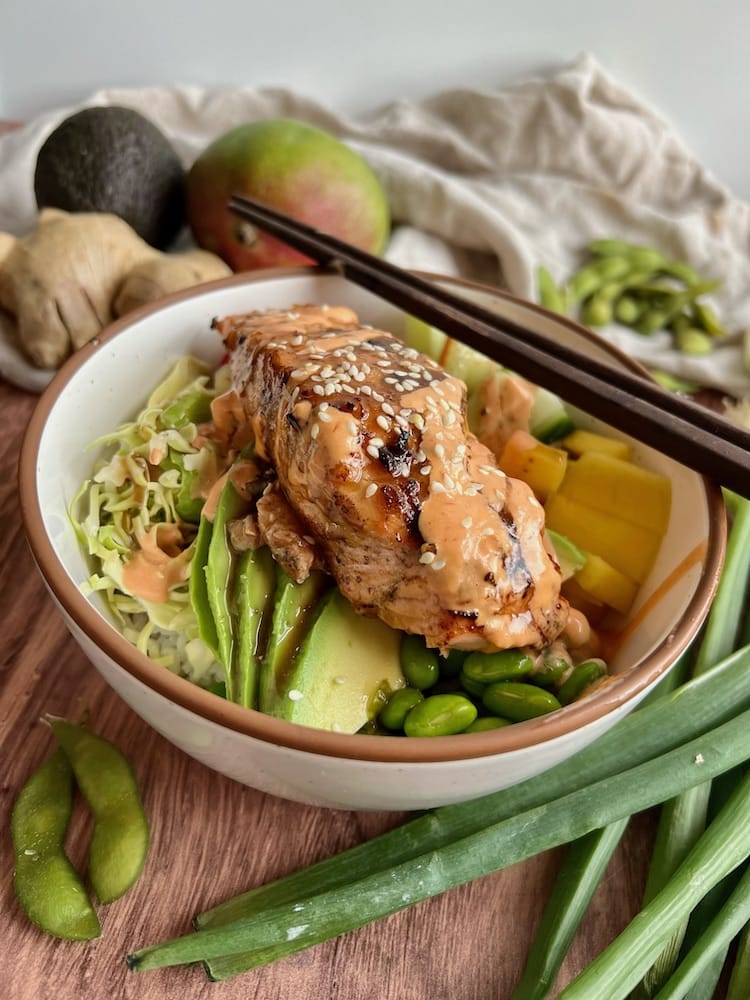 Asian Salmon Rice Bowl with chopsticks