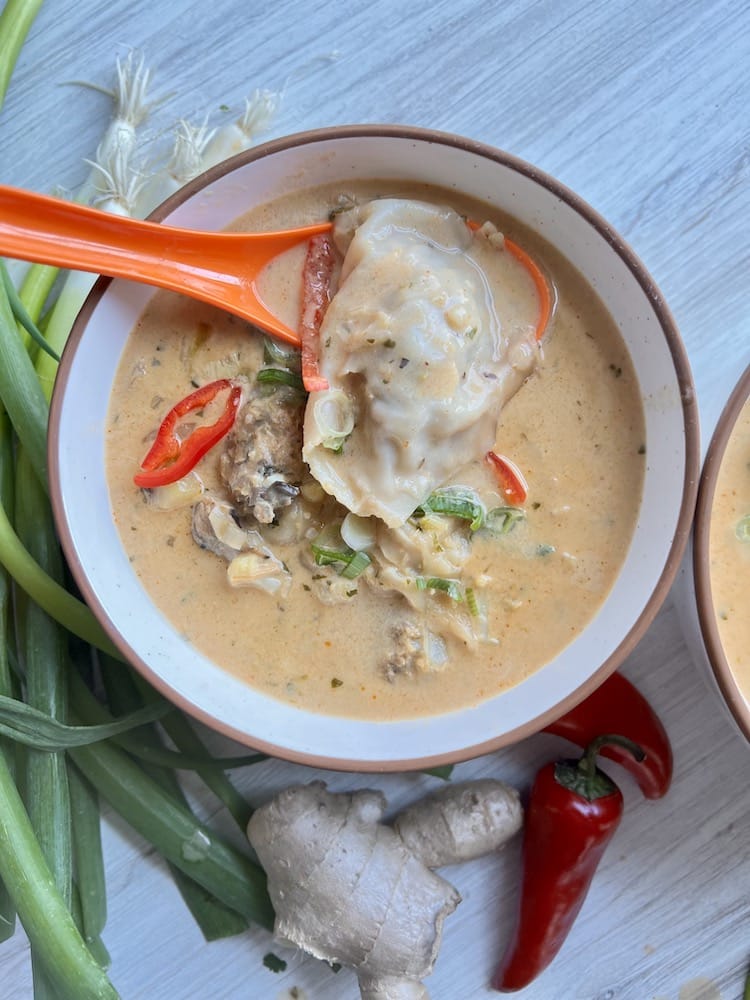 Thai Curry Dumpling Soup in a bowl with Asian Soup Spoon