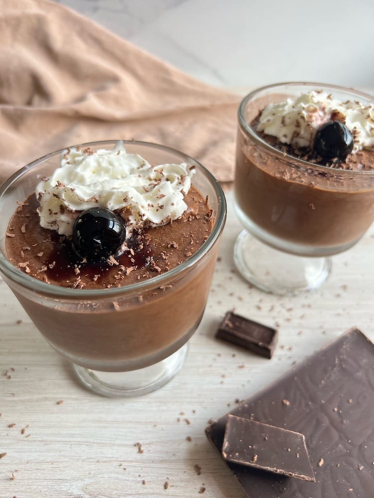 Chocolate Cherry Mousse in two glass serving cups