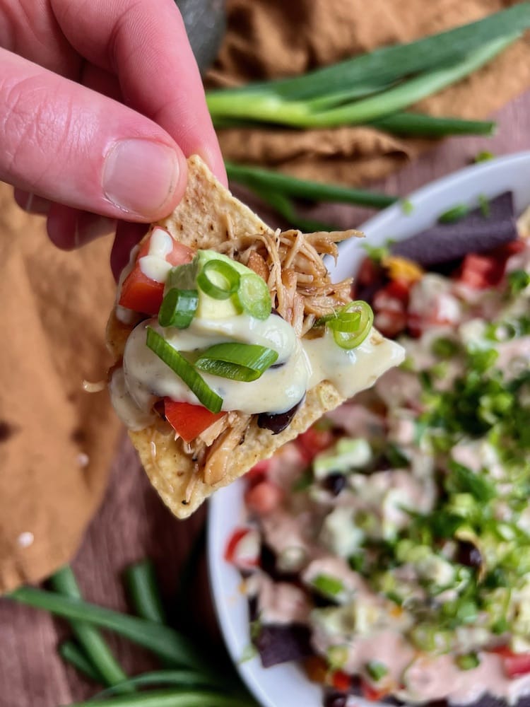Shredded Chicken Nachos with one tortilla chip held up to the camera