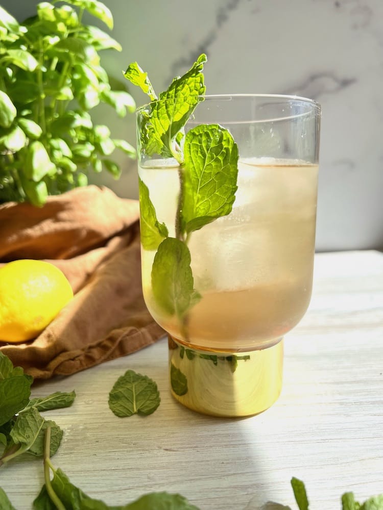 Mint Rhubarb Spring Sangria in a highball glass with ice and fresh mint and lemon in the background