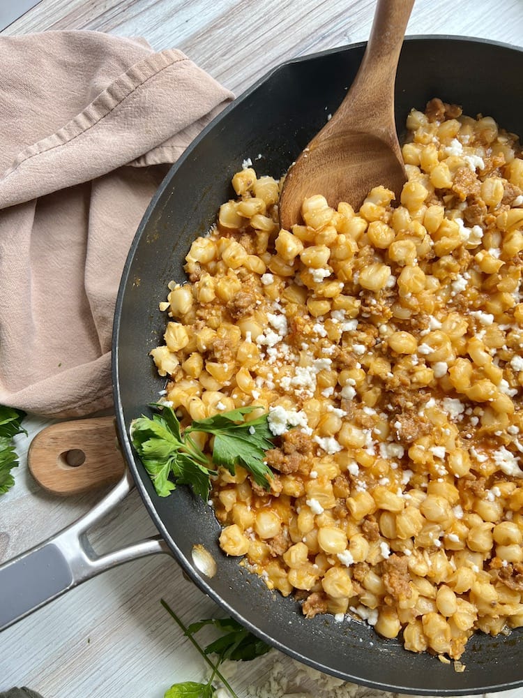 Hominy and Chorizo Risotto in a large cooking pan