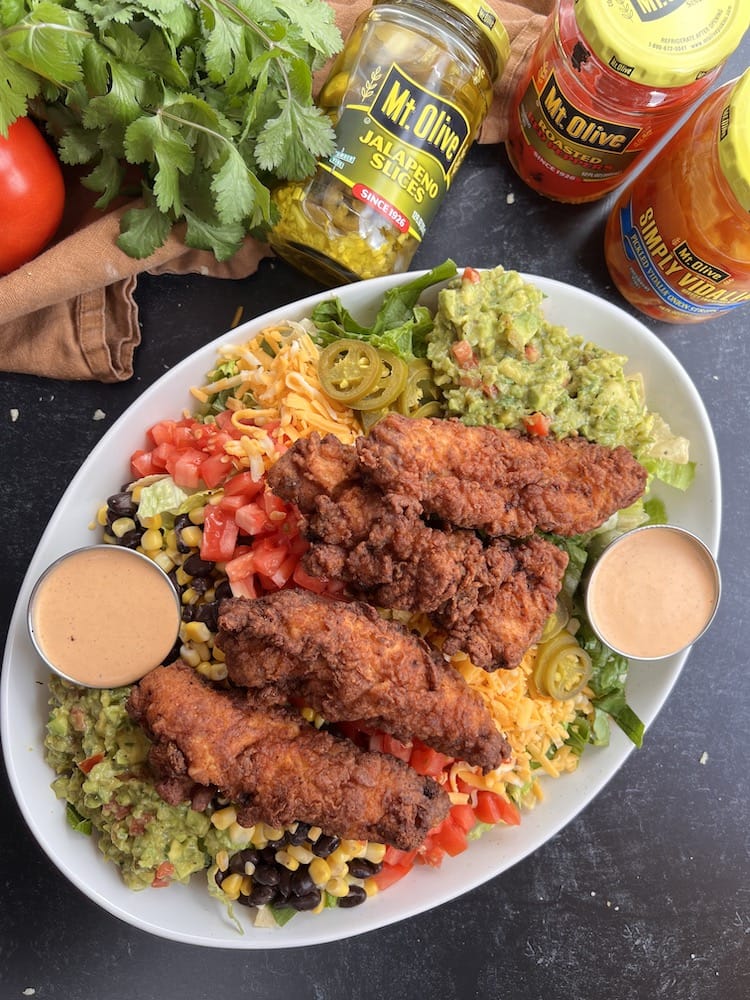 Spicy Southwest Salad with Fried Chicken in a serving dish