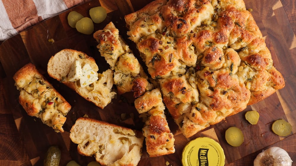 Dill Pickle Focaccia on a cutting board