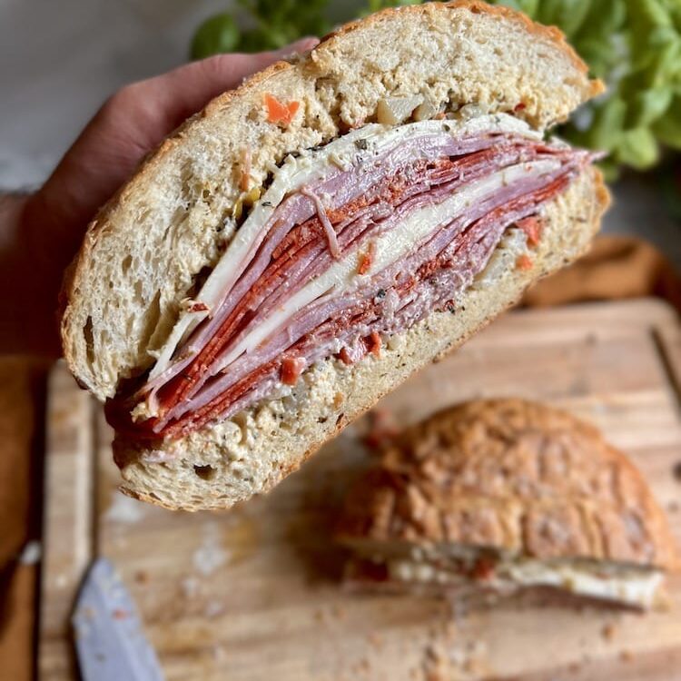 Muffuletta sandwich cut in half