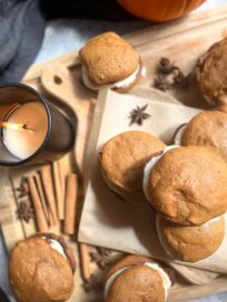 Pumpkin Spice Whoopie Pies with Espresso Cream laid out
